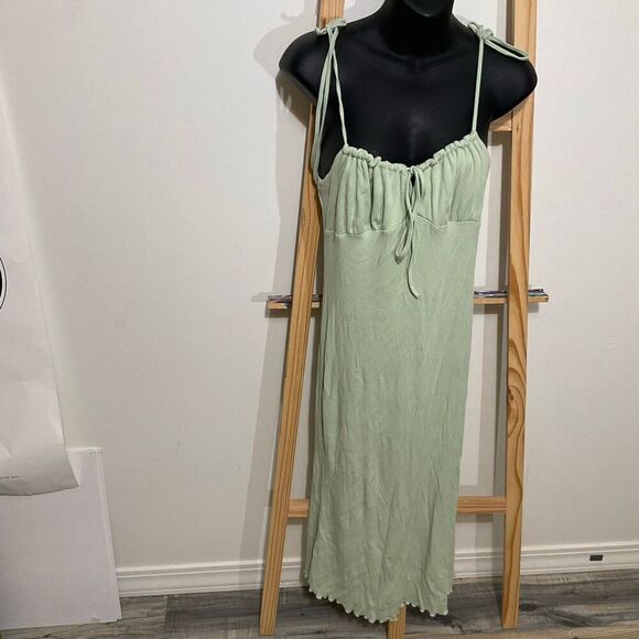 SHEIN Dresses & Skirts - SHEIN sage green,tie shoulder ruched bust tie front slim fit midi bodycon dress